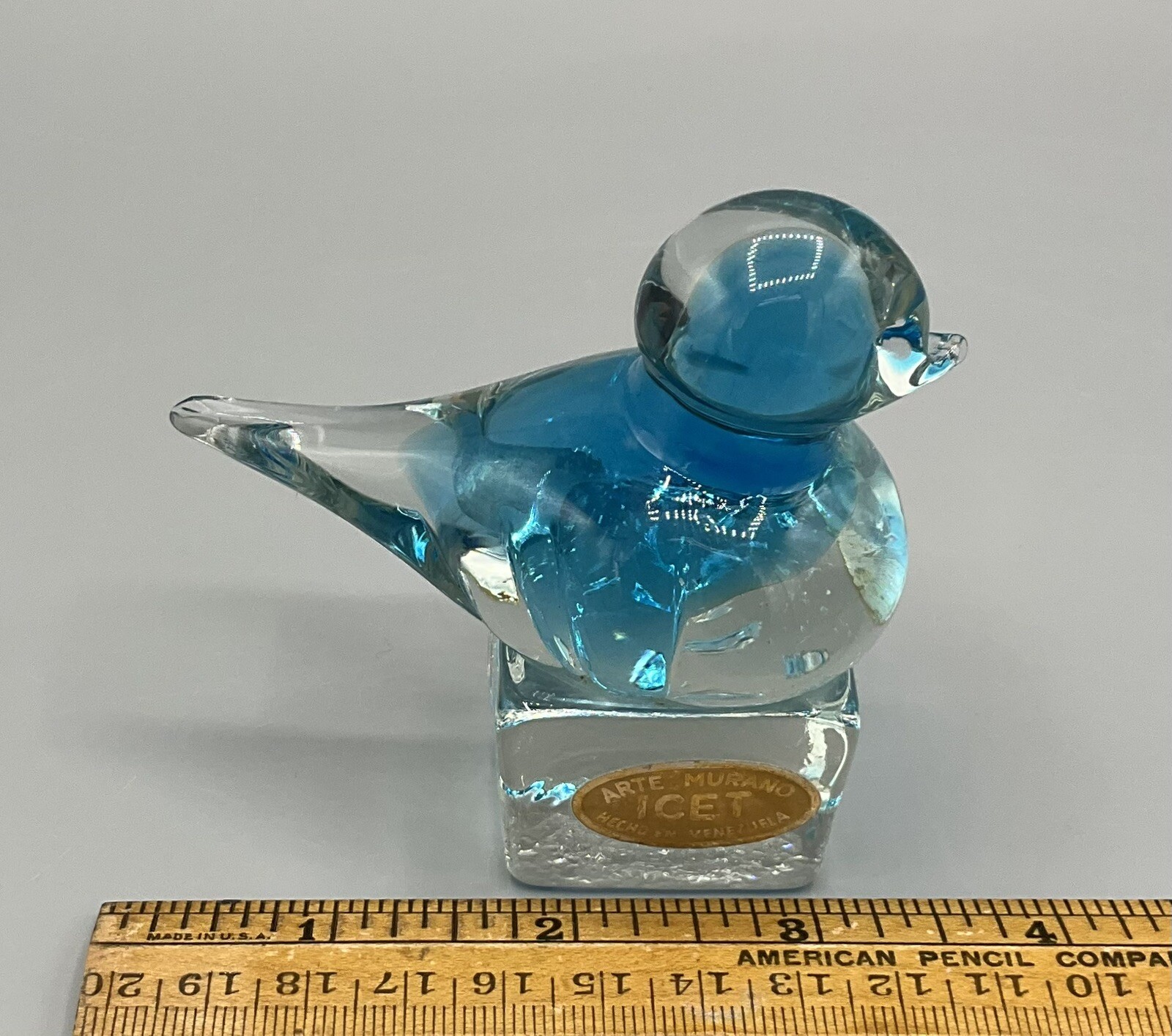 Vtg Blue/Clear Glass Bird on Cube ICET Arte Murano Uranium or Manganese UV Glow