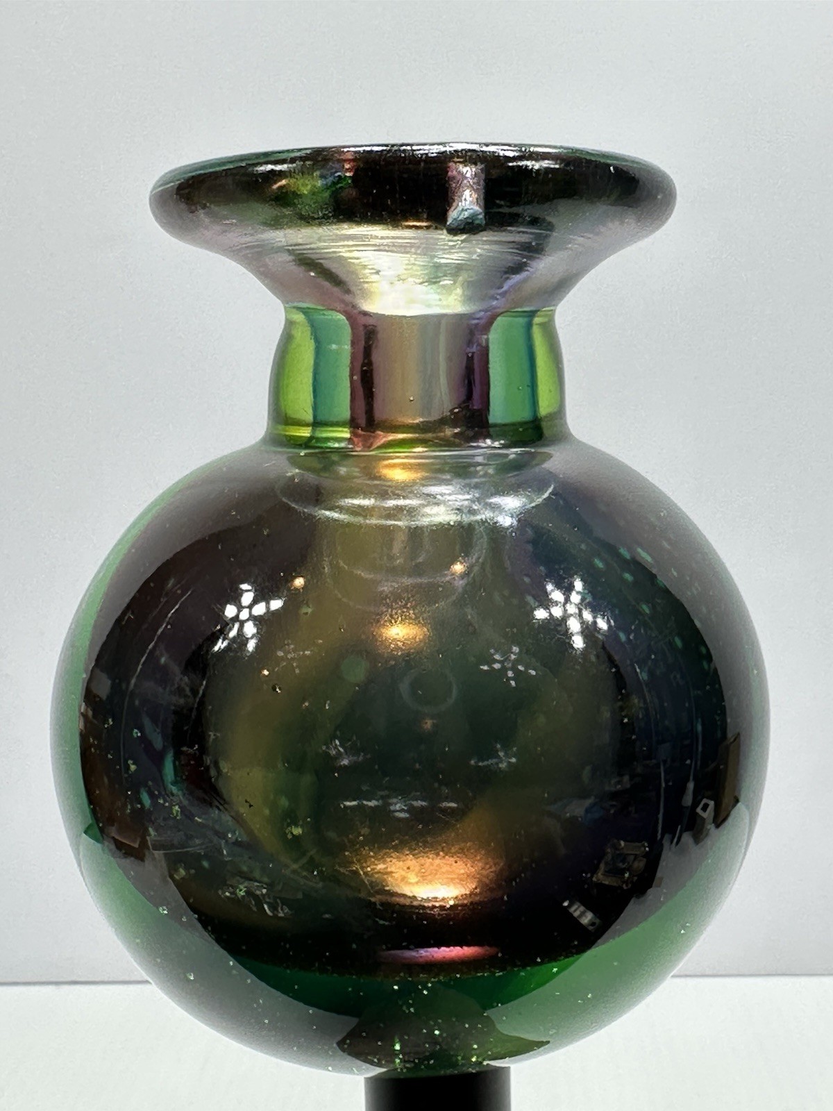 Heavy Ball Art Glass Bud Vase Green Outside Purple Inside 4.5 Inches Tall