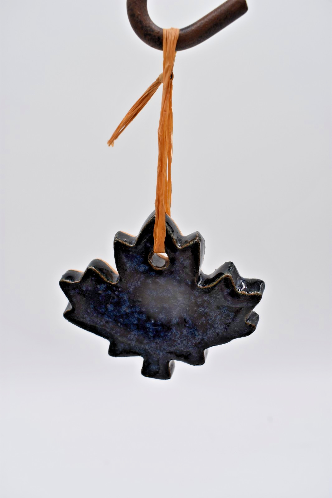Small Pottery Maple Leaf Ornament Handmade Dark Blue Nature Tree
