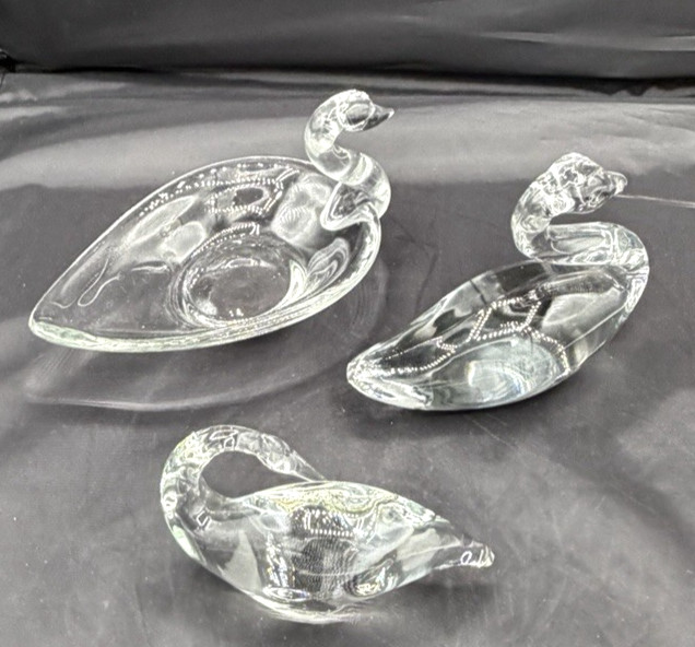 Vintage 3 Various Decorative Glass Swans Swimming Cleaning Trinket Dish Clear