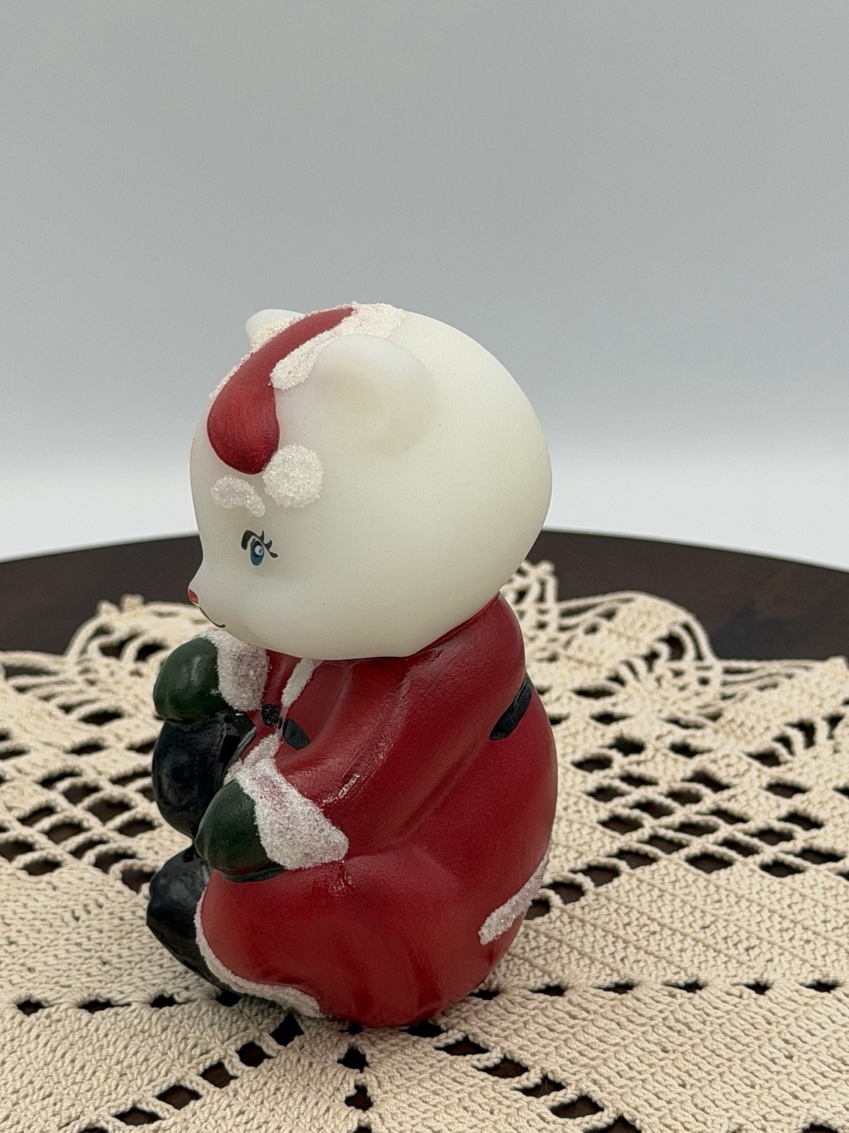 FENTON SANTA CLAUS CHRISTMAS SITTING BEAR WITH FRIT HAND PAINTED BY M. LEMON