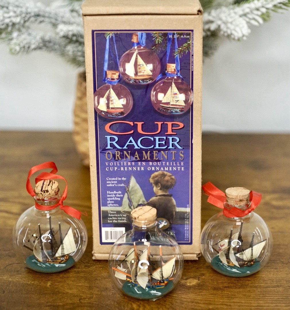 3 Vintage Cup Racer Ornaments Glass Authentic Models Sailing Ship Nautical 2.5”