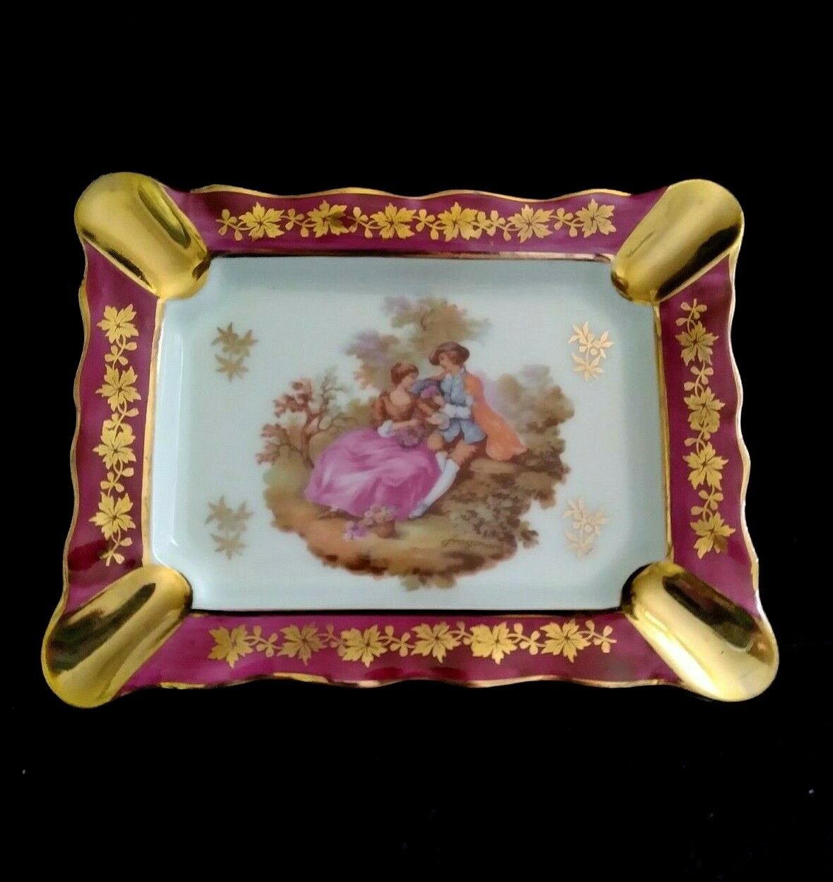 Vintage LIMOGES France Trinket Dish Ashtray Fragonard Scene Signed 5-1/8″x4″