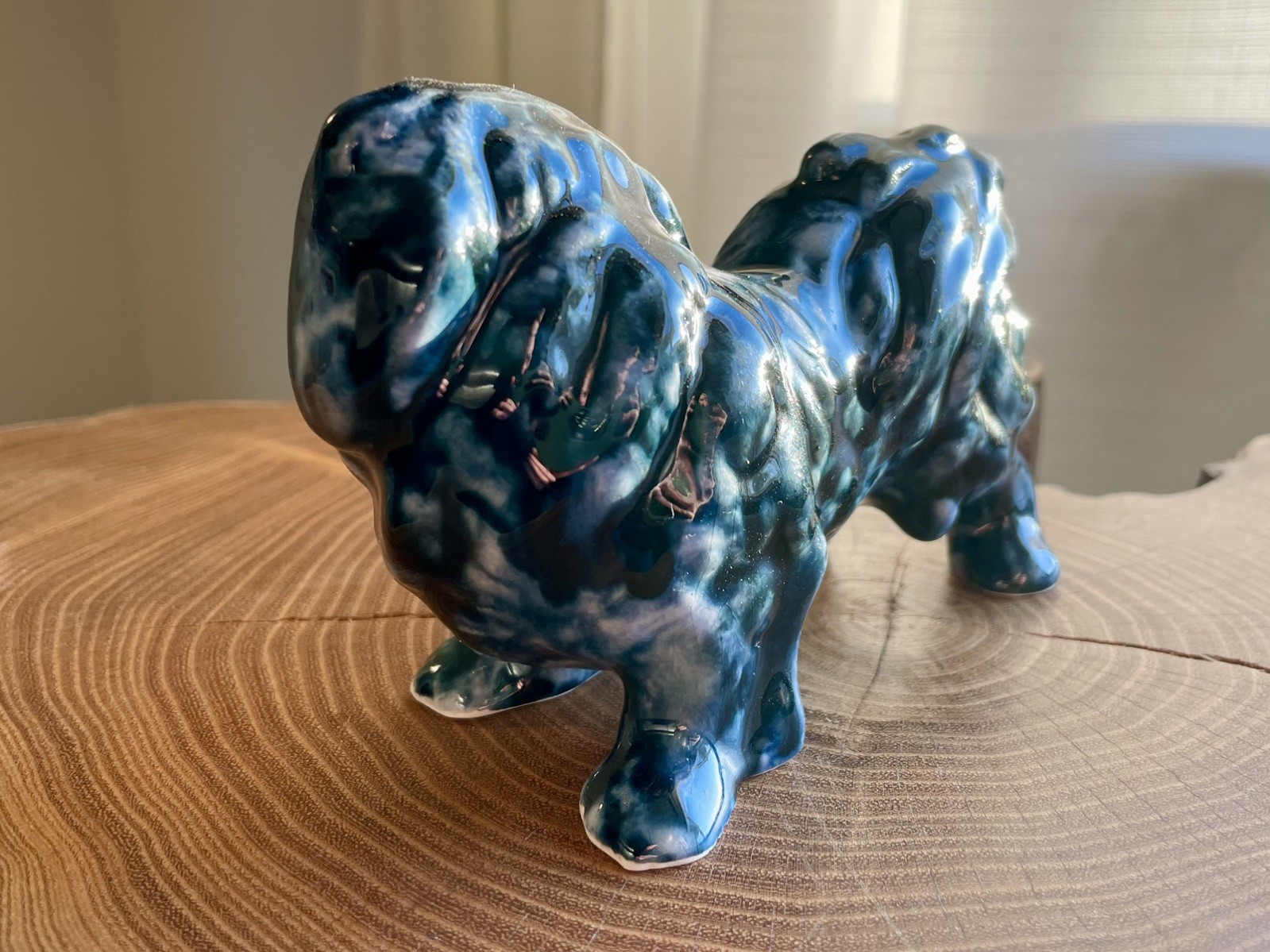 MCM Vintage Ceramic Pekingese Dog Figurine Blue Drip Glaze