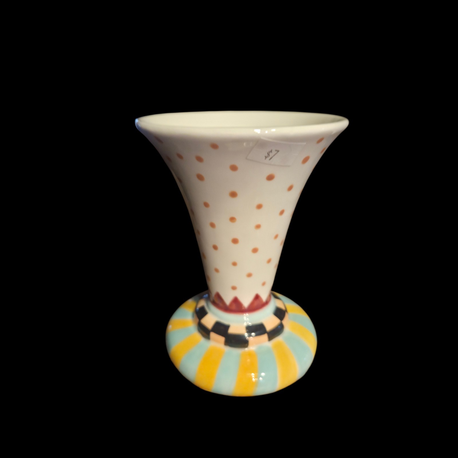 Handpainted Porcelain 5.5″ Vase Swirl Circus Black White Check Polka Dot READ