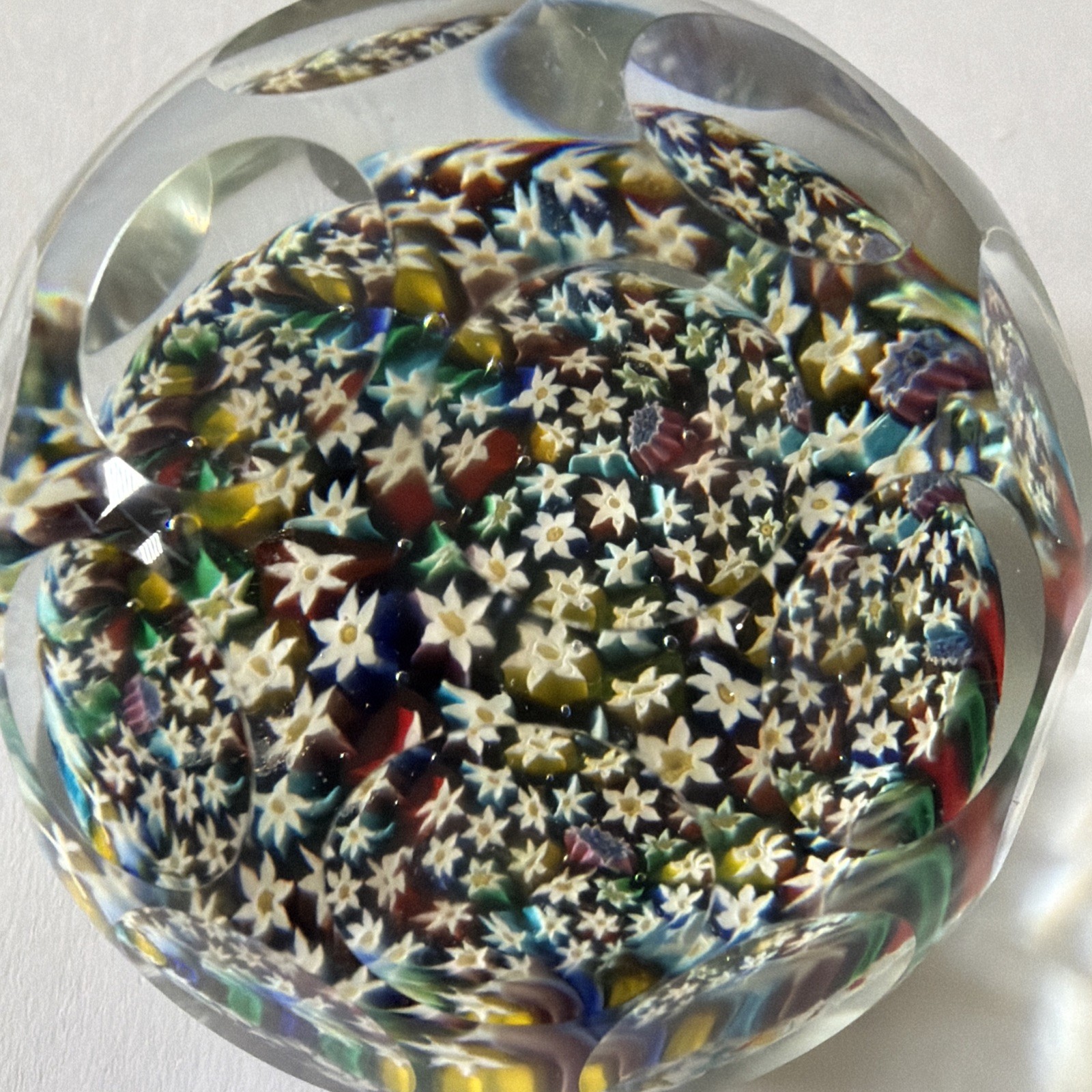 Sulfide Cut Crystal Paperweight Millefiori Flowers 20th Century 2.5”