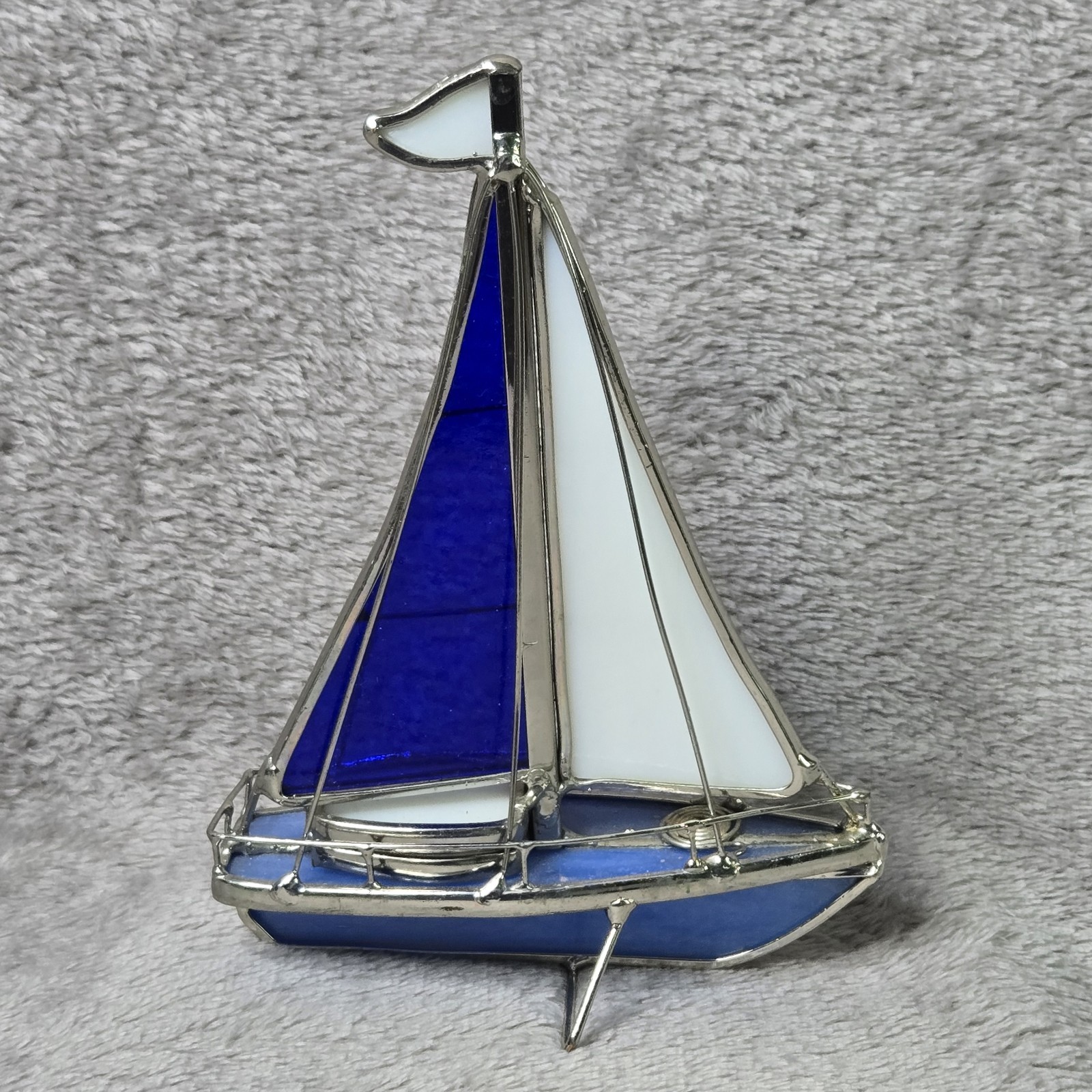 Stained Glass 6.5” Tall 3D Sailboat Sculpture Nautical Decor Blue Art Yacht