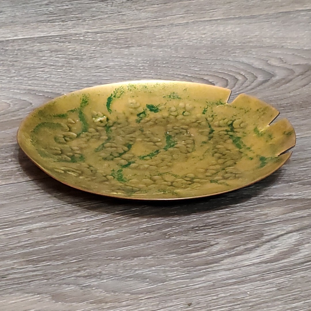 MCM Tabletop Ashtray / Trinket Dish – Gold Green Enamel Flat Metal Round 8″