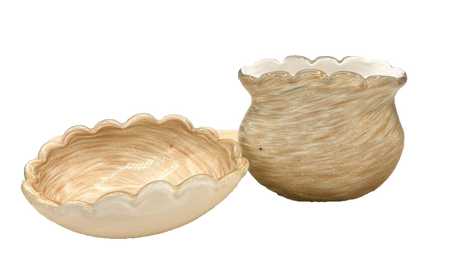 Murano Glass Ruffle Top White & Gold Leaf Swirl Vase & Dish Scalloped Edge SMALL