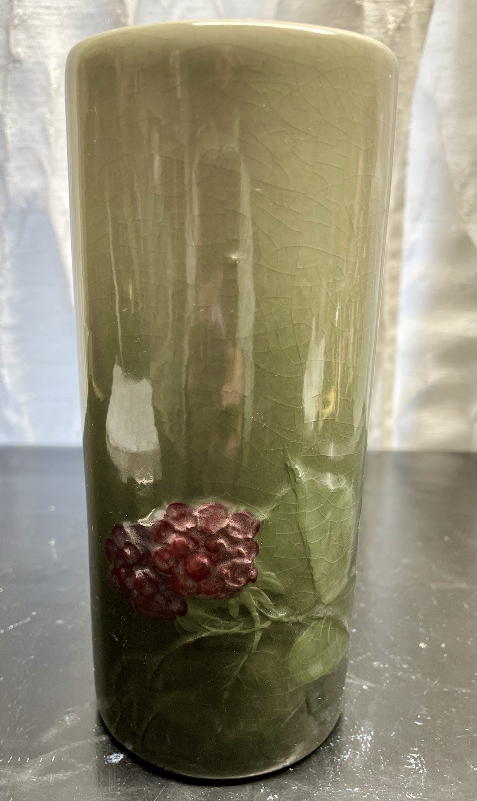 Early Weller Pottery Eocean Line Vase, Raspberries Cylindrical Crackle Finish.