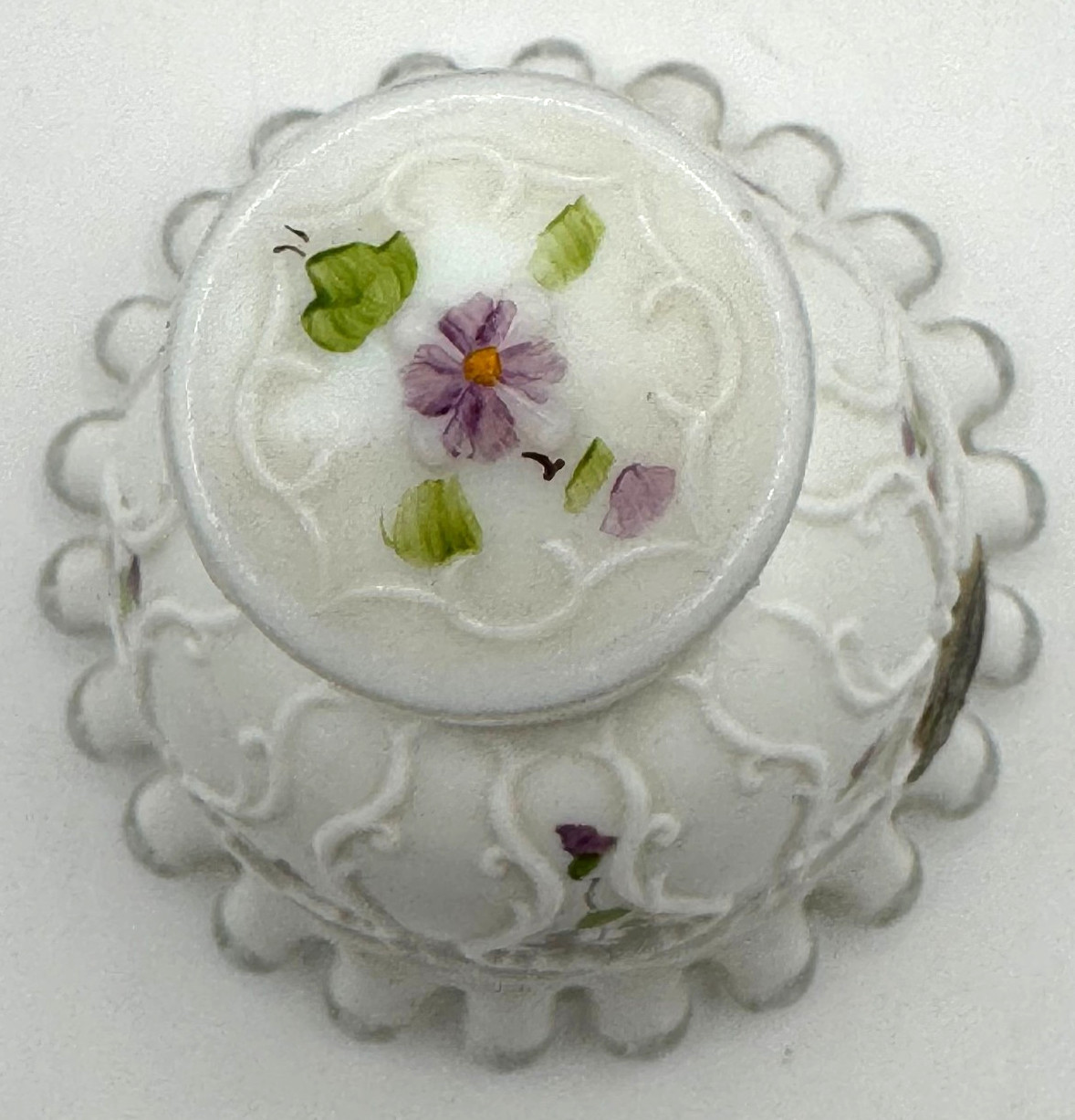 Fenton Glass Violets in Snow Spanish Lace Silver Crest Bell Artist Signed