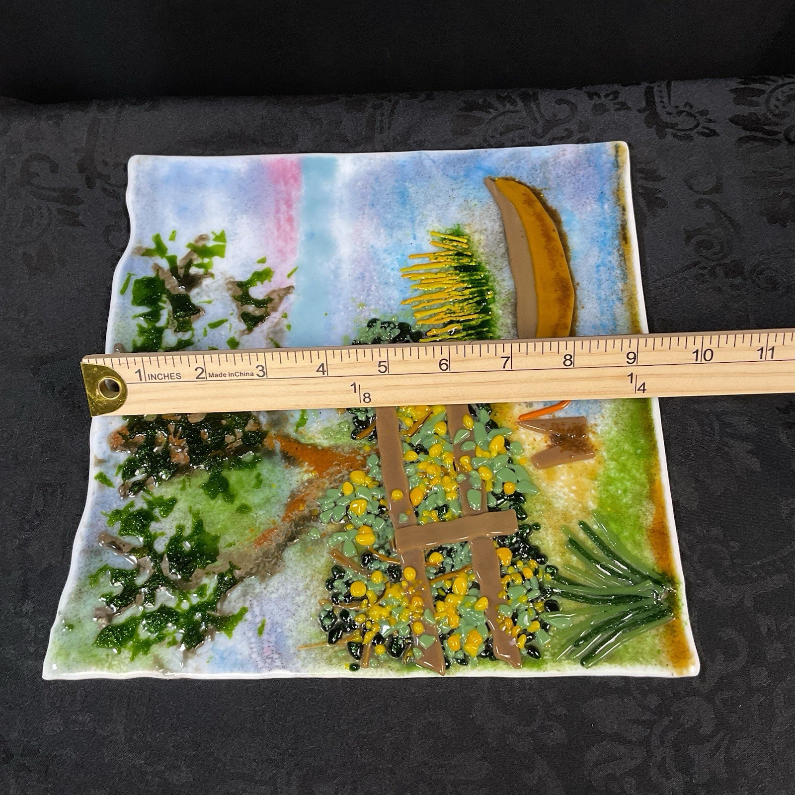 Fused Glass Tile Wall Decor Lake Scene Boat Outdoor Handmade Raw Edge