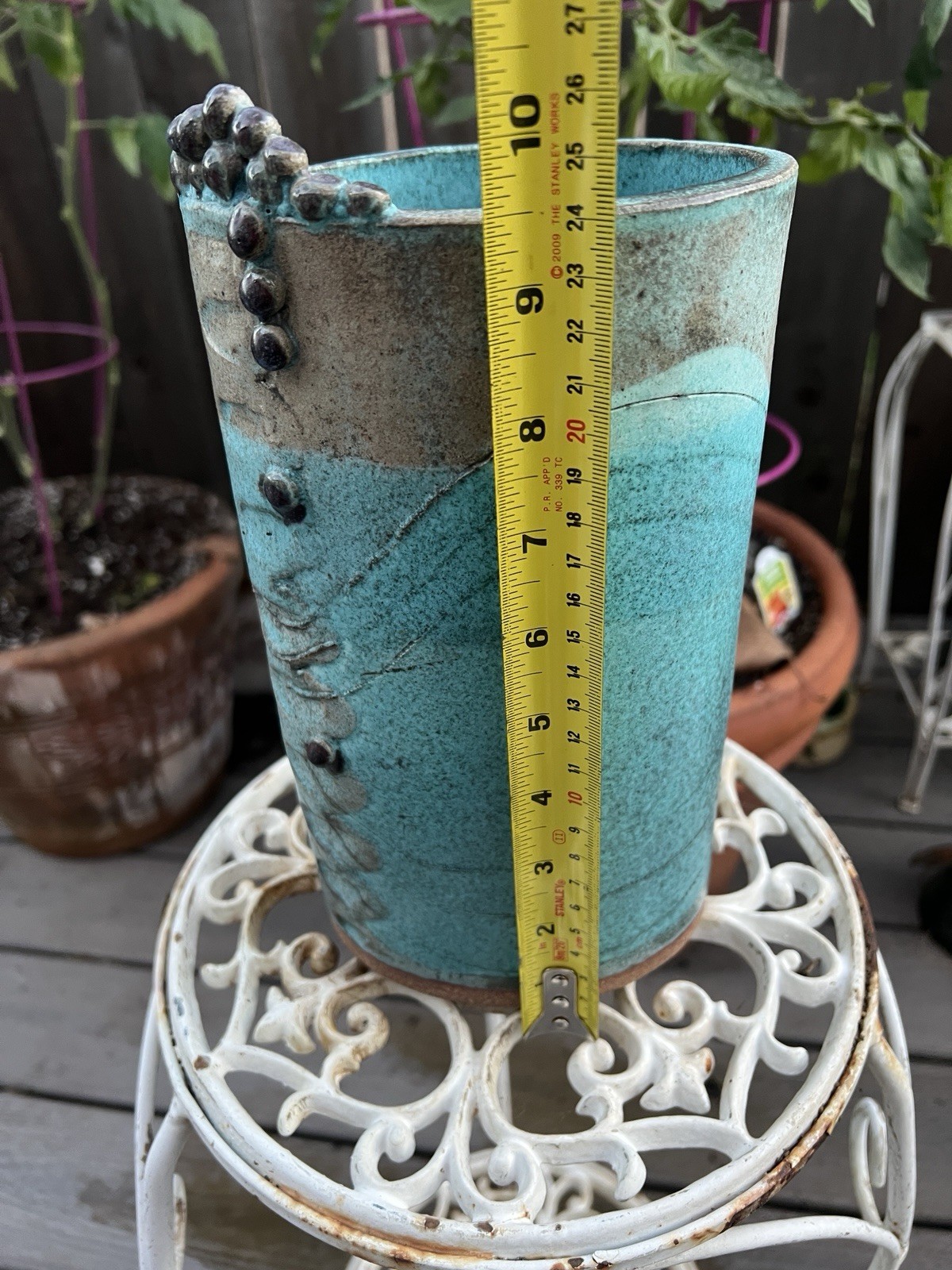 Artist Signed Zeltzer RAKU Style Studio Art Pottery 9.5” X 5.5” Teal And Grey