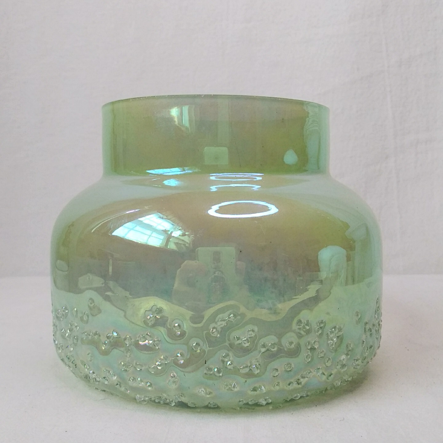 Seafoam Textured Art Glass Candle Holder Vase Green Luster Shallow Widemouth
