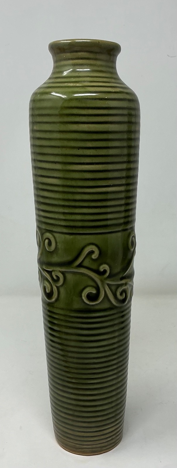 Vintage 1980’s Studio Art Pottery Vase Green Ribbed Tube w/ Scrolling 12” X 3 “