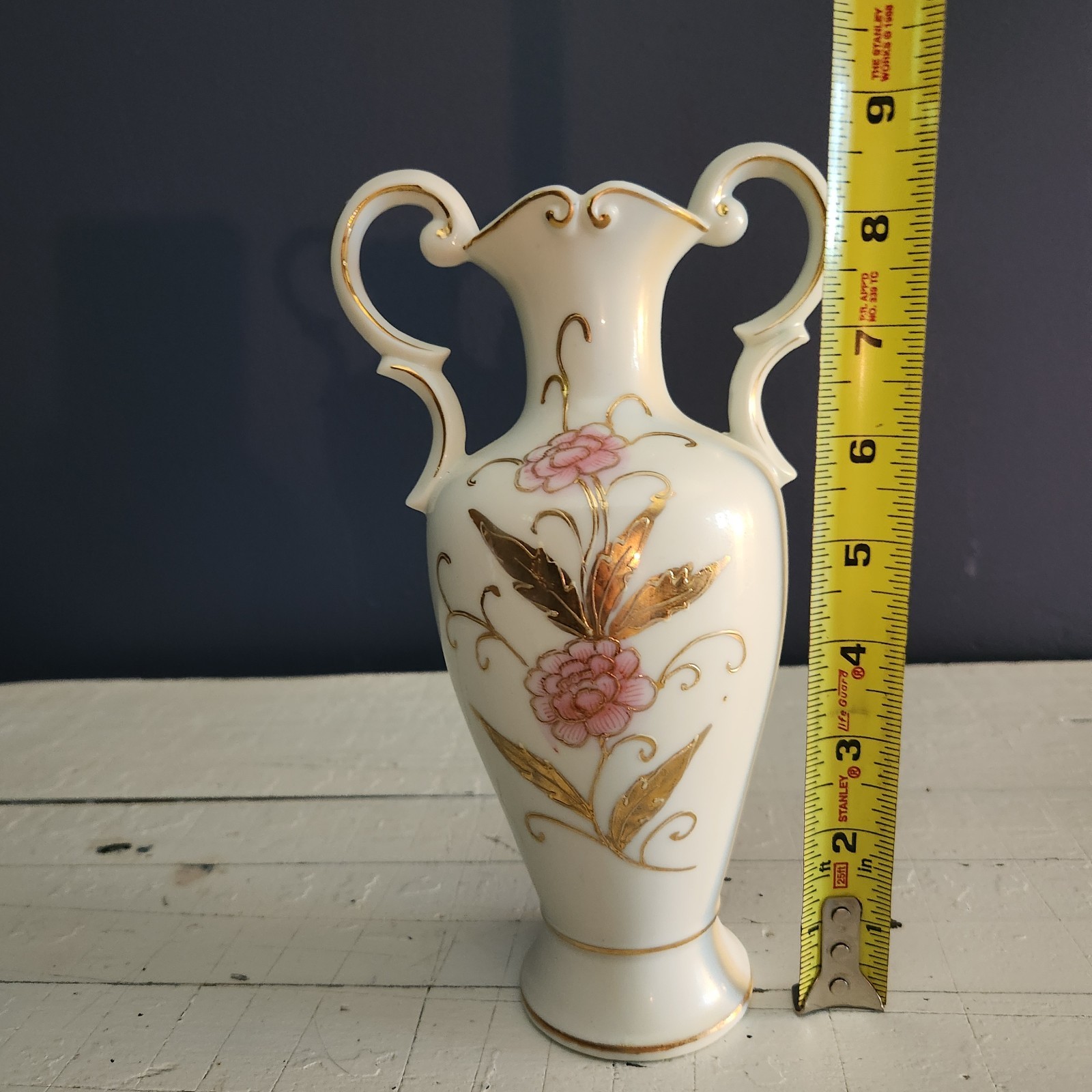 Porcelain White Pink Gold Floral Double Handle Vase 8in Glossy MPN 7300A