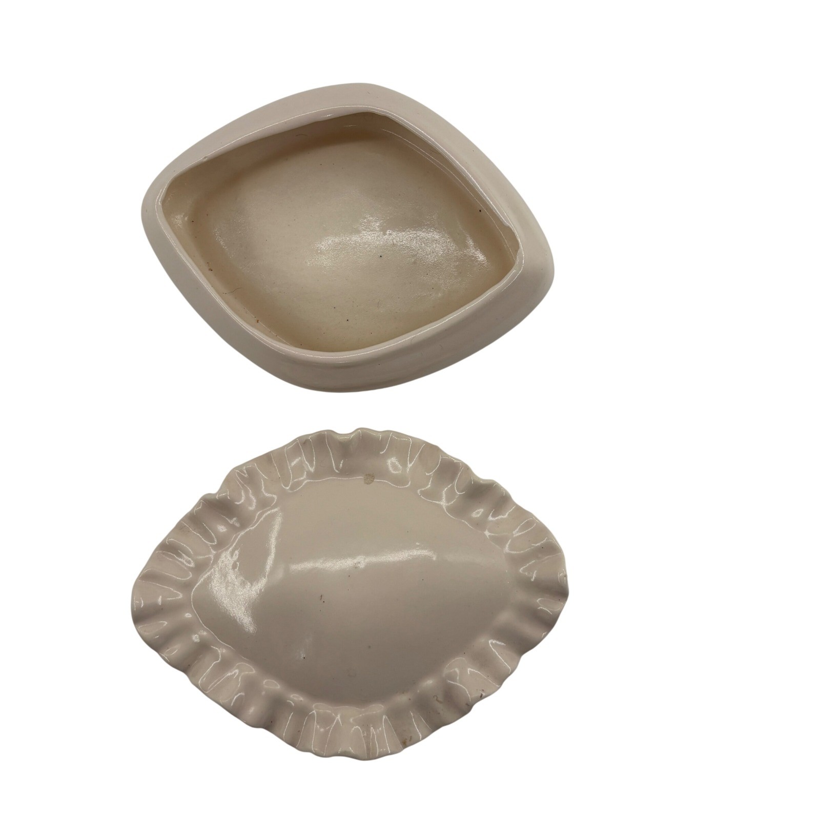 Vintage Mid-Century Pink Ceramic Diamond Trinket Box with Ruffled Lid