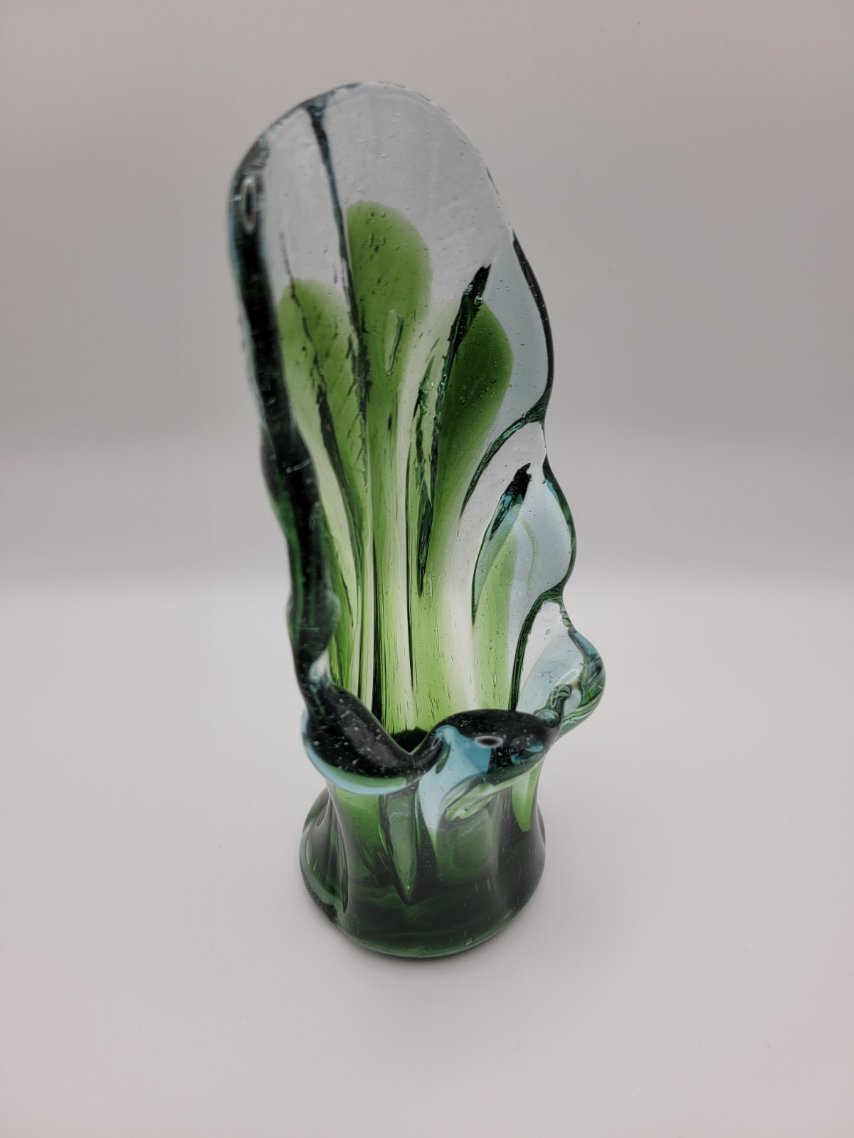 Vintage Swung Glass Vase Bohemian Style Hand Blown Green/Clear 6.5 in. Tall MCM