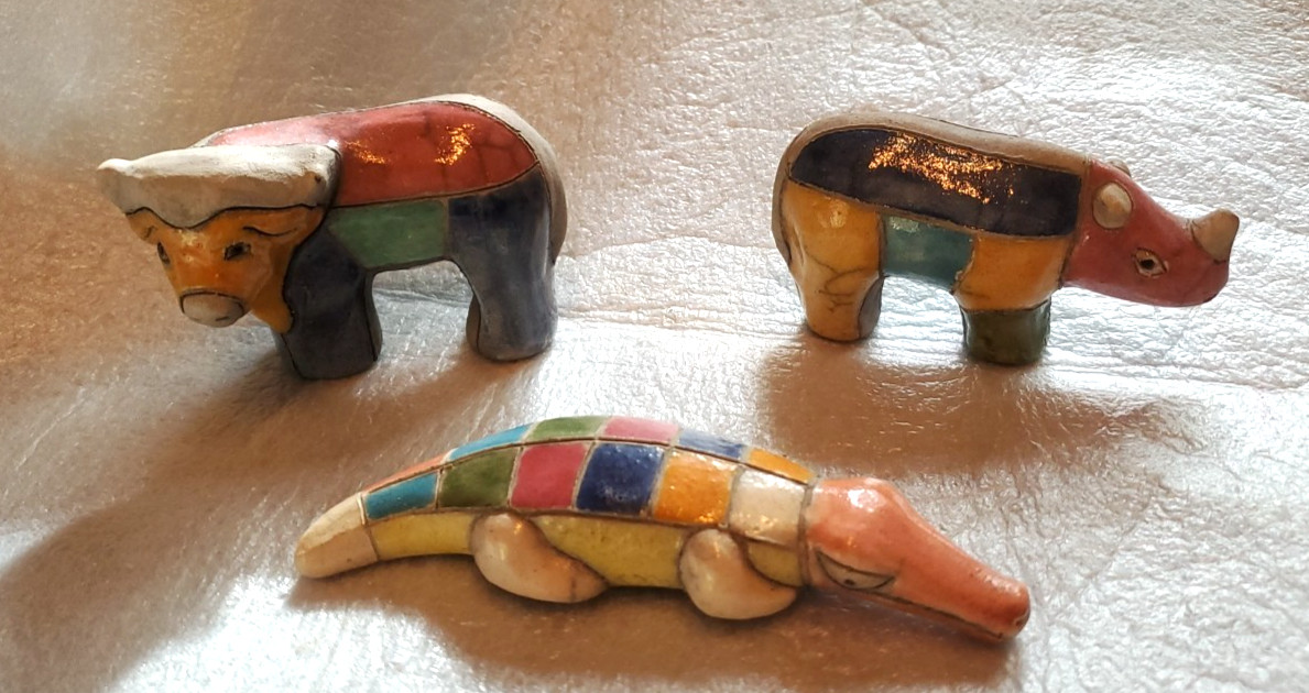 Raku Pottery Set Of 3 South Africa Colorful Sculptures Croc, Rhino, Buffalo