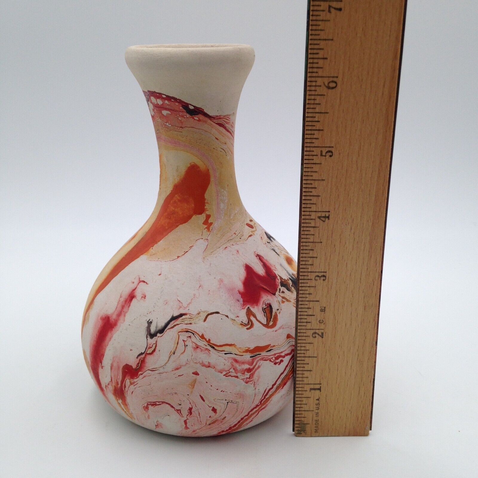 Nemadji Hand Made Red Black and Orange Swirl Vase Pottery 6.5 Inch Vintage