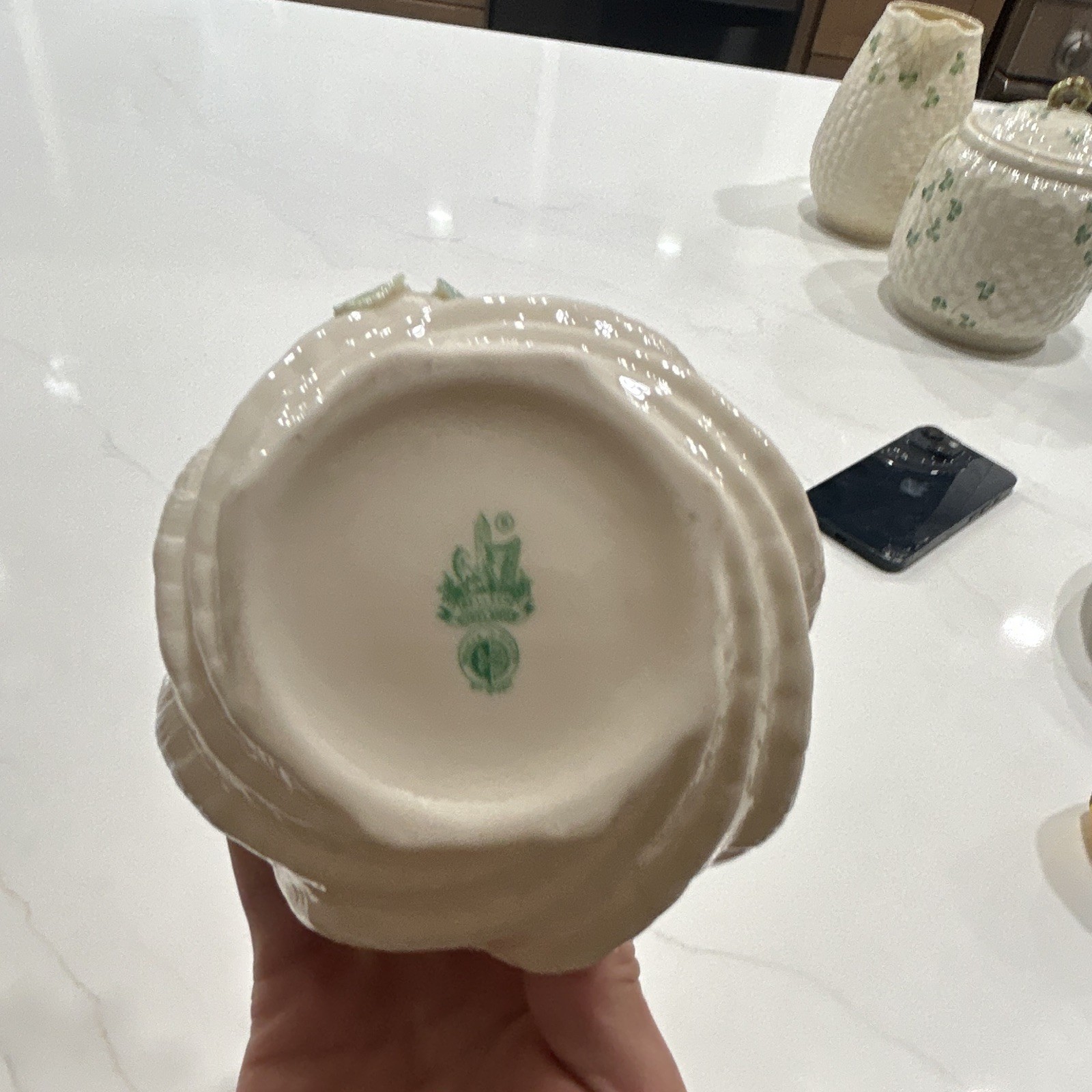 Belleek Irish Porcelain Floral Vase, White Pink Rose Green Leaves, Printed Mark