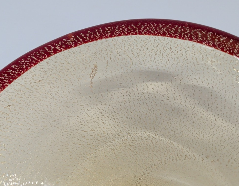 Murano Fratelli Toso Hand Blown Bowl Curled Stem Red Gold Italy Vintage Rare