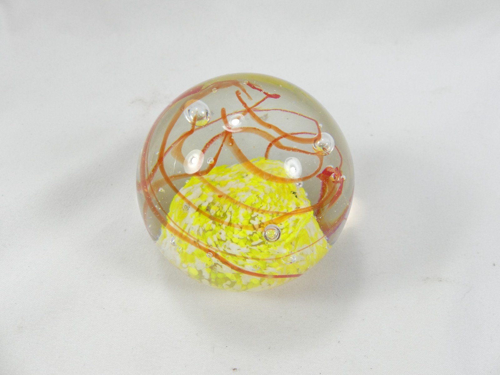 Vintage Red Swirl & Yellow Art Glass Bubble Paperweight