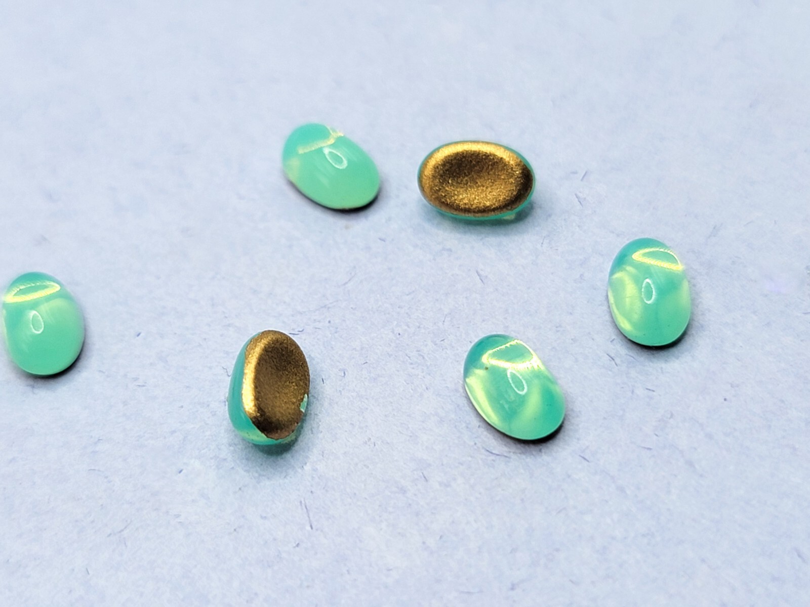 6pcs 6x4mm Uranium Glass Cabochons Oval Green Opal Gold Foiled Czech