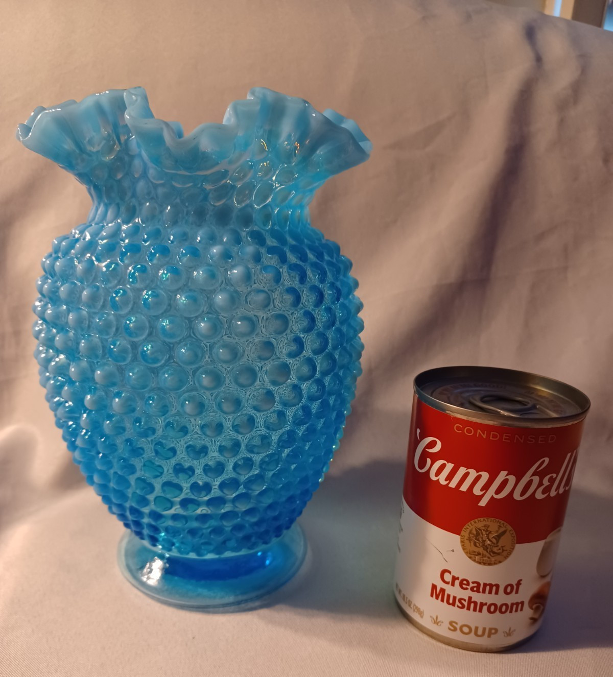 Fenton Art Glass Blue Opalescent Hobnail Vase Double Ruffle Crimped 8″