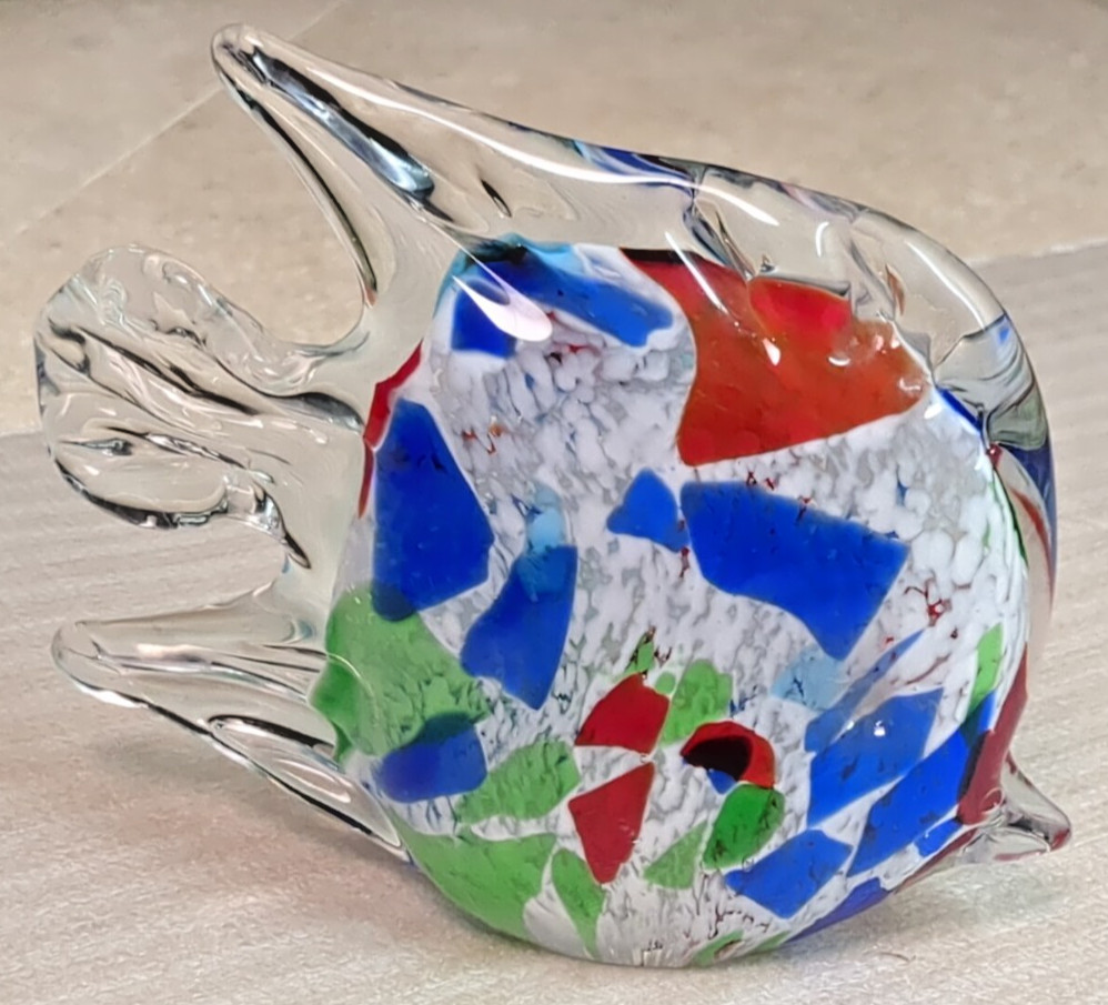 Angelfish figurine with a patchwork of colors Murano style glass paperweight.