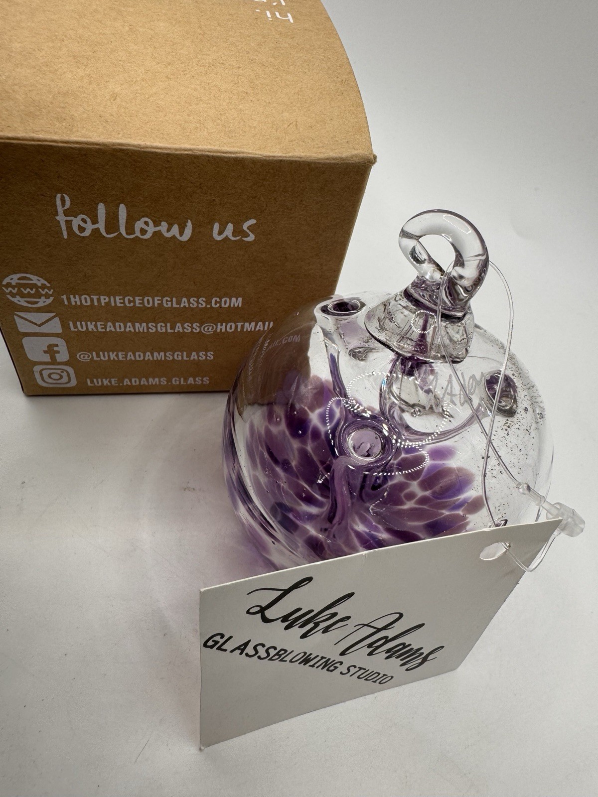 Luke Adams Handblown Glass “Good Thoughts” Ornament Purple Signed w/ Box & Tag