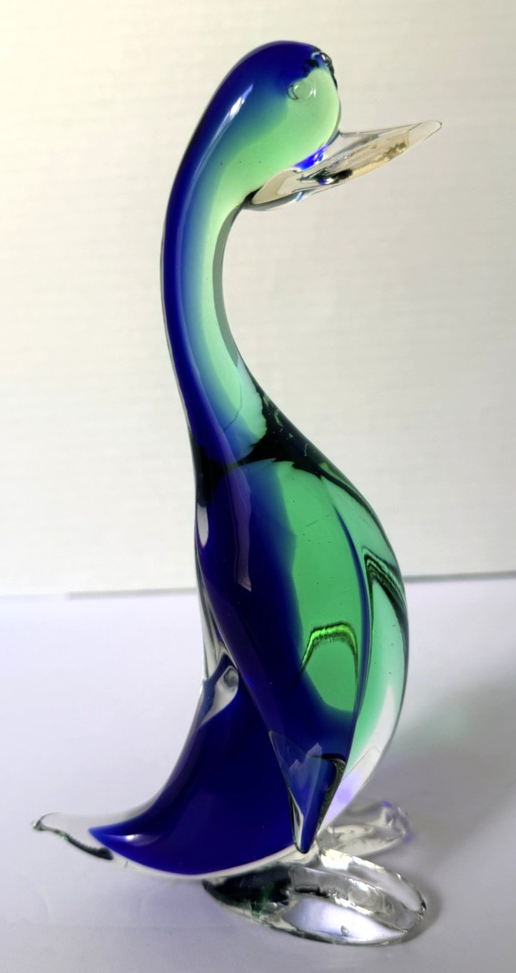 Murano Sommerso Art Glass Duck Figurine Cobalt Blue Green Italy MCM Vintage 60s