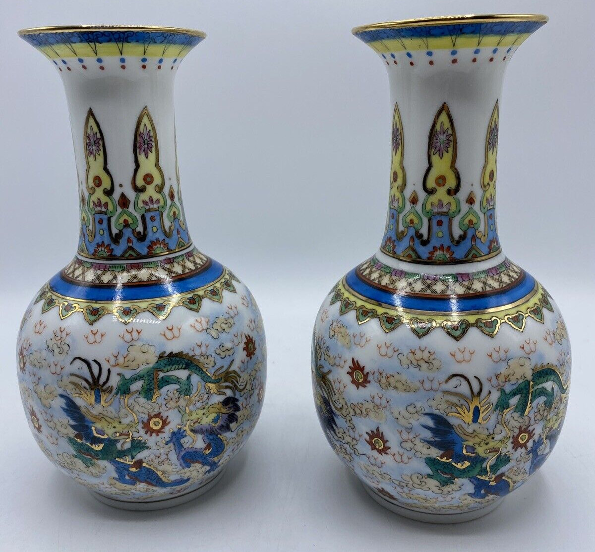 China Satsuma Porcelain 7″ Vase Hand Painted Dragons 20th Century Lot of 2