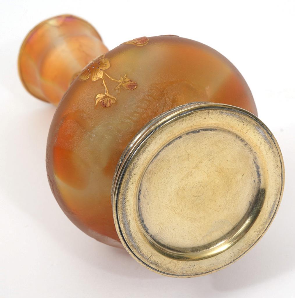 Art Glass Art Nouveau Strawberry Gold Bud Vase w/ Silver Base, 4 1/4″