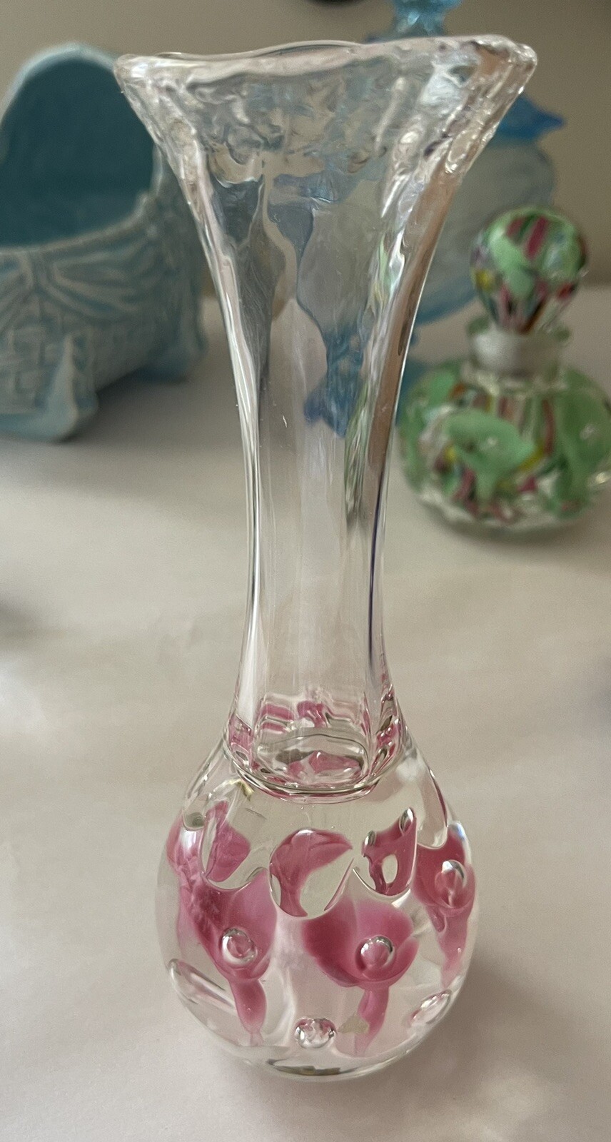 Joe St Clair ~PINK TRUMPET FLORAL~ HAND BLOWN BUD VASE Paperweight FLORAL
