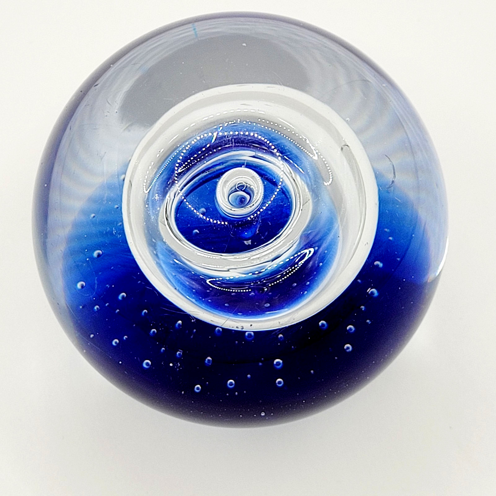 Blown Art Glass Paperweight Cobalt Blue w Clear Donut Hole Controlled Bubbles