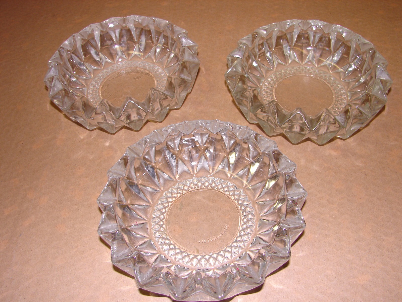 Lot of 3 Vintage KIG Indonesia Diamond Pressed Glass Clear Round Heavy Ashtrays