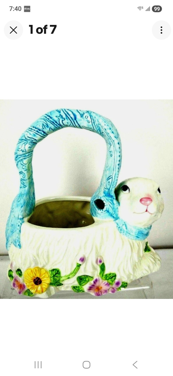 Ceramic Hand Painted Rabbit Shaped Basket Floral Design Blue Handle Easter Decor