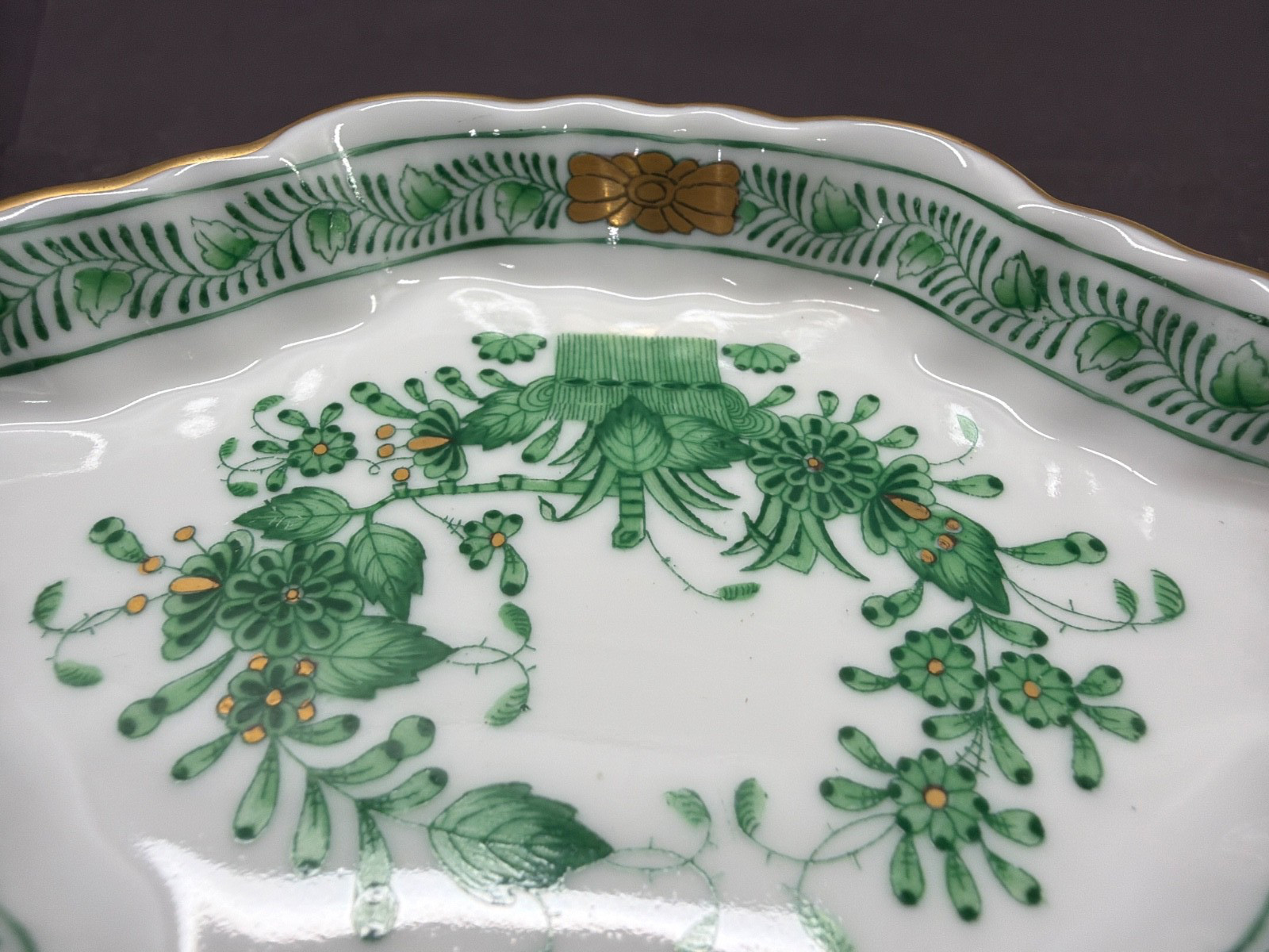 Vintage Herend Indian Basket Bouquet Green Porcelain Diamond Shaped Dish 7737 AV