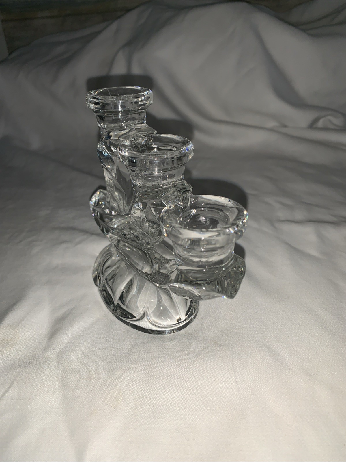 Three Arms Fostoria Crystal Triple Candle Holder 7 1/4″ Long 5 1/4 ” Tall