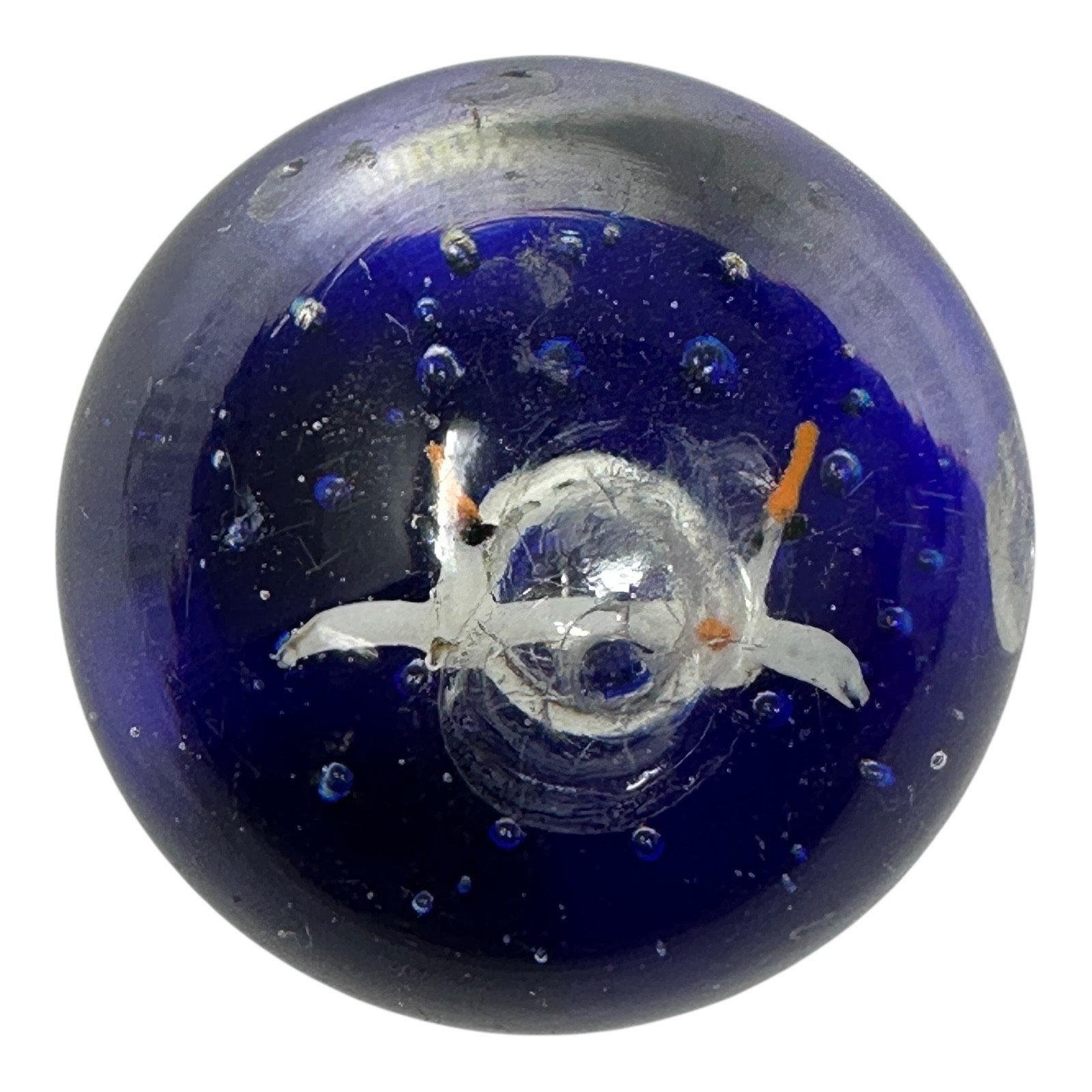 Vintage Art Glass Paperweight Cobalt Blue Seagulls Ocean Scene Bubbles 2½”