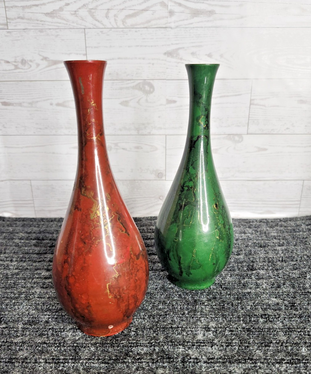 Vintage MCM Japanese Enamel Bud Vases Pair Red Green Gold Brass Cloisonne Style