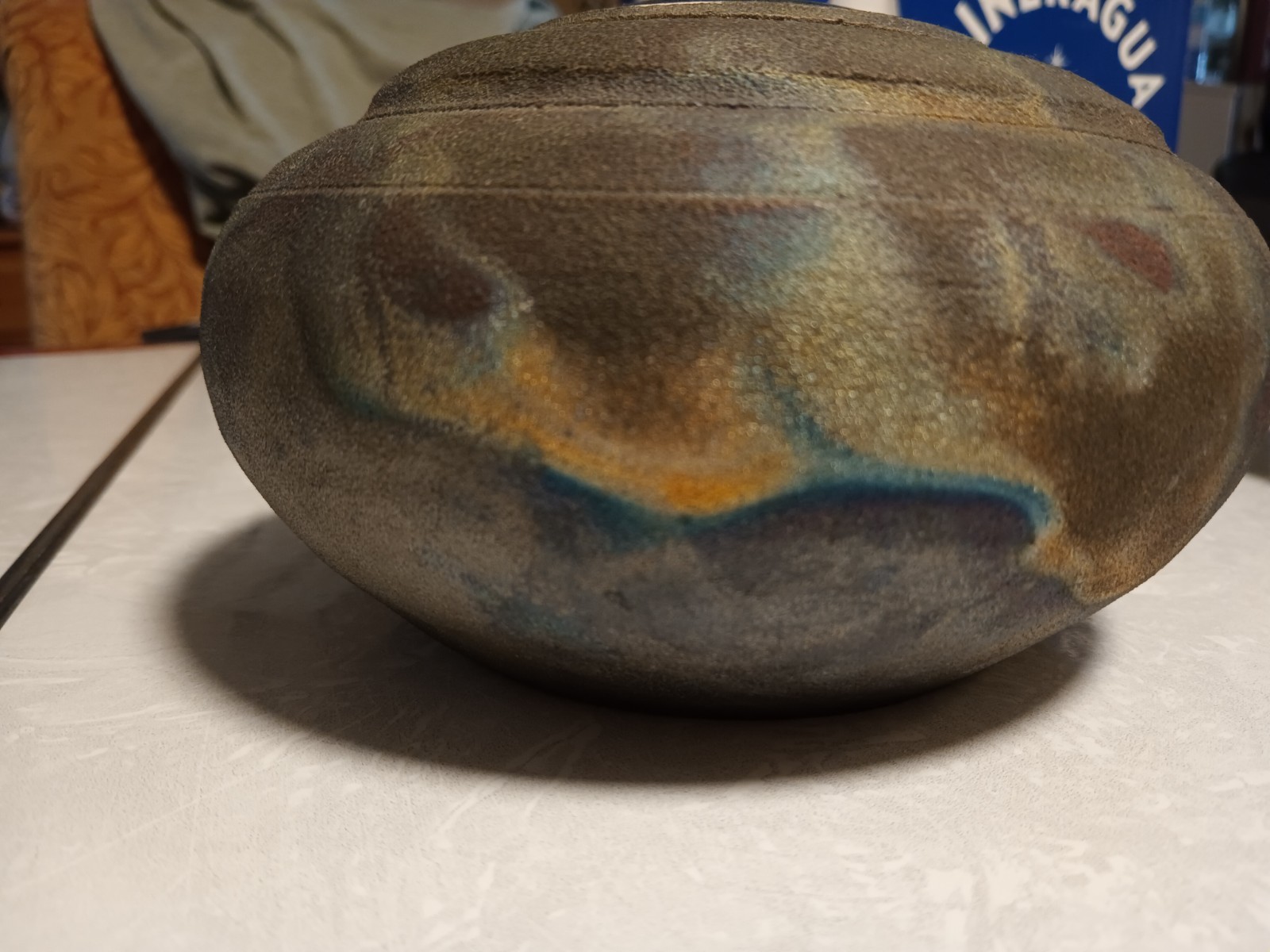 Art Pottery Raku Iridescent Copper Luster w/ Brass Insert Ring Vessel Signed 6”