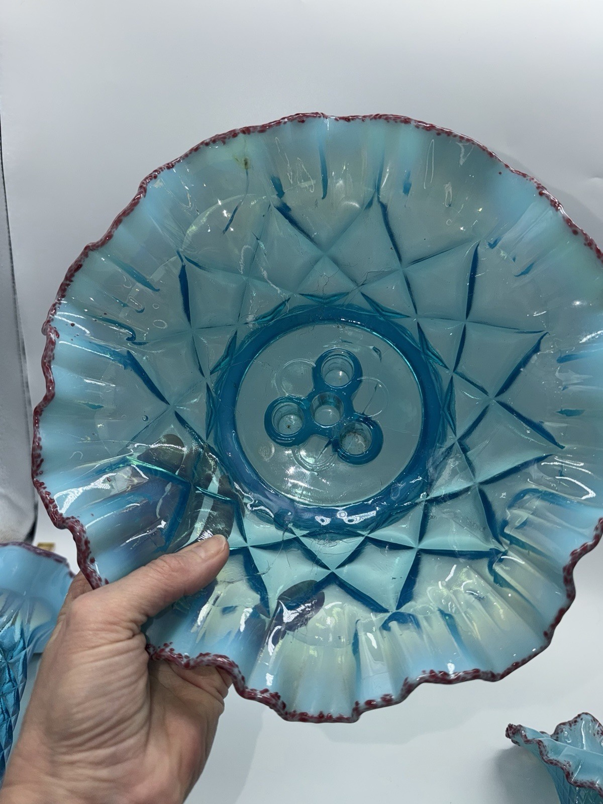 Vintage Epergne Northwood 4 Horn Opalescent Blue Red Frit Stunning READ RARE