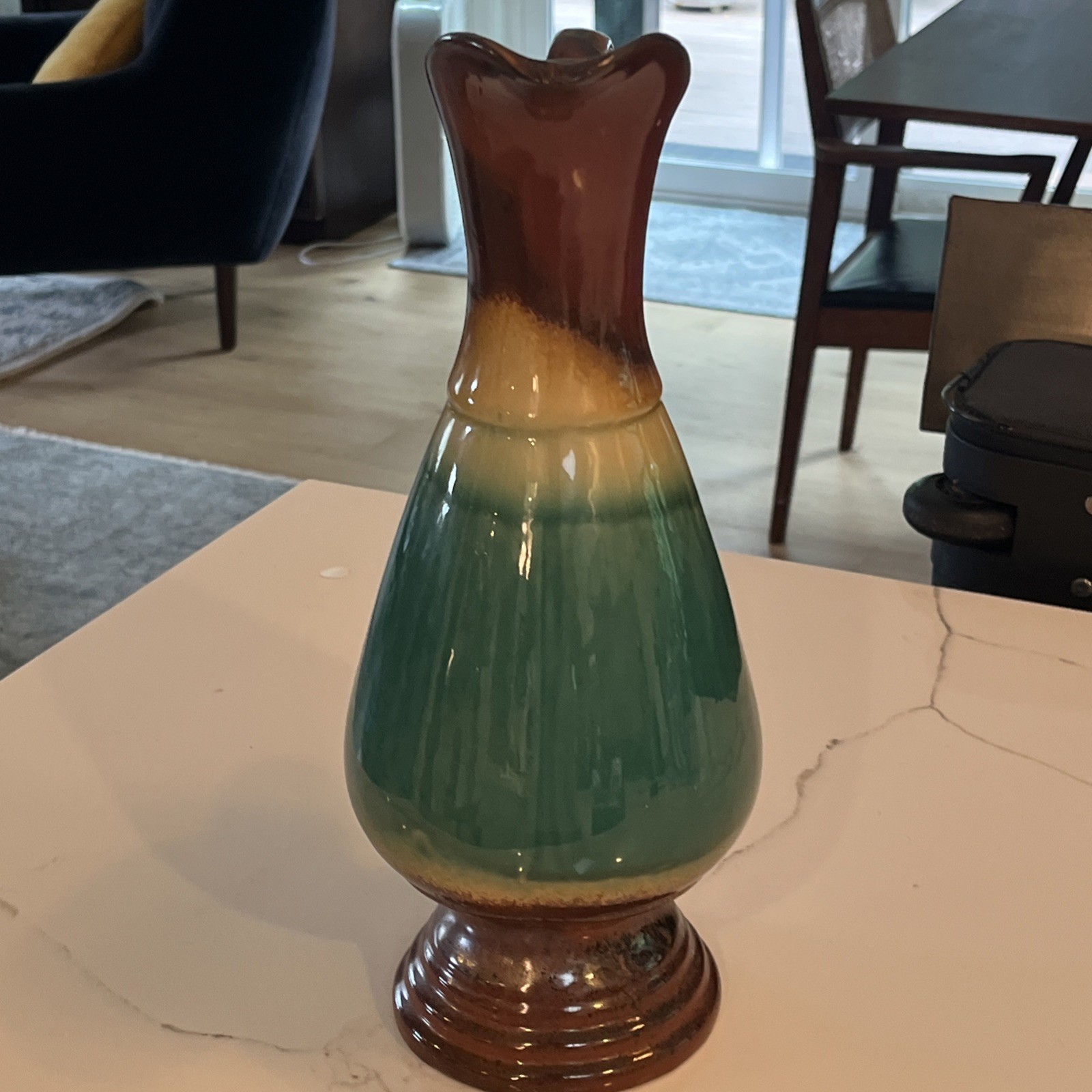 Brown & Blue Drip Glaze Pitcher Vase Mid-Century 14”