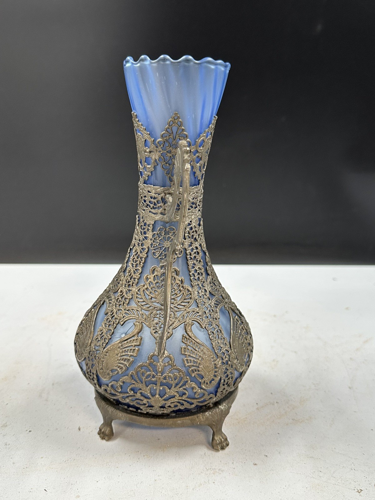Blue Frosted Glass Vintage Greek or Russian Amphora Vase Nickel Silver Overlay