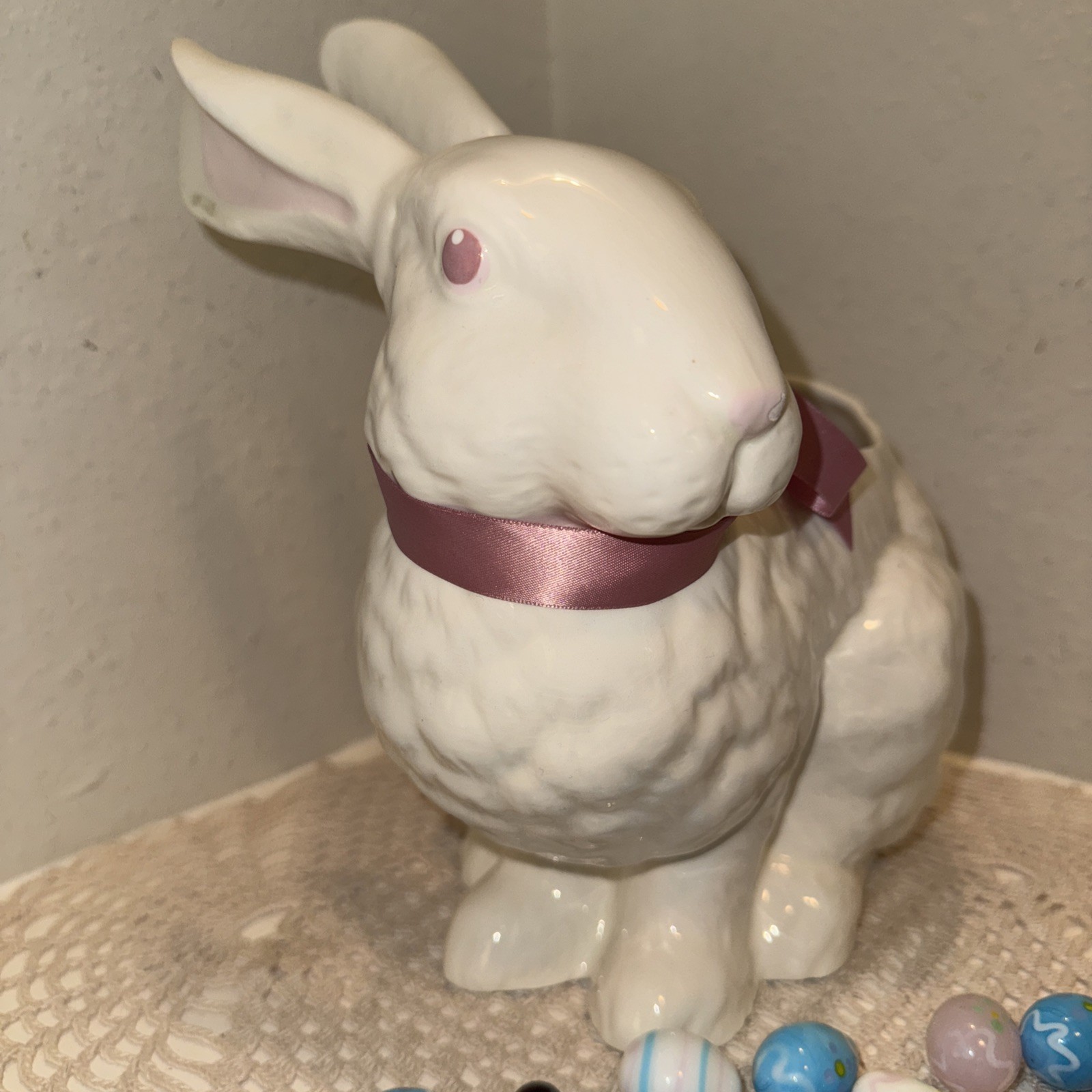 22 Hand Blown Glass Eggs & Large 9.5” Bunny Rabbit Planter Vintage Easter Decor