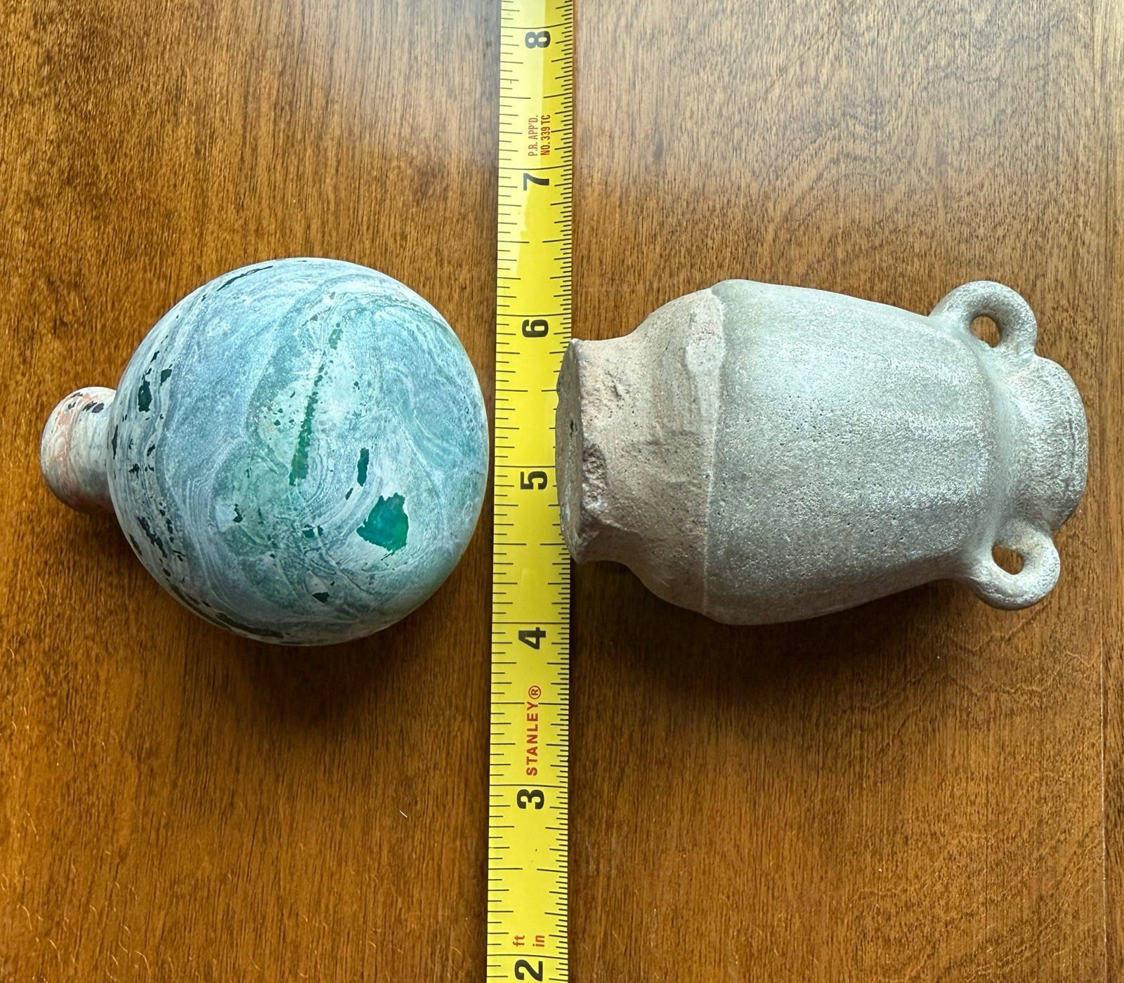 2 Small Art Pieces – Hand Blown Glass & Studio Produced Green Porcelain Amphorae