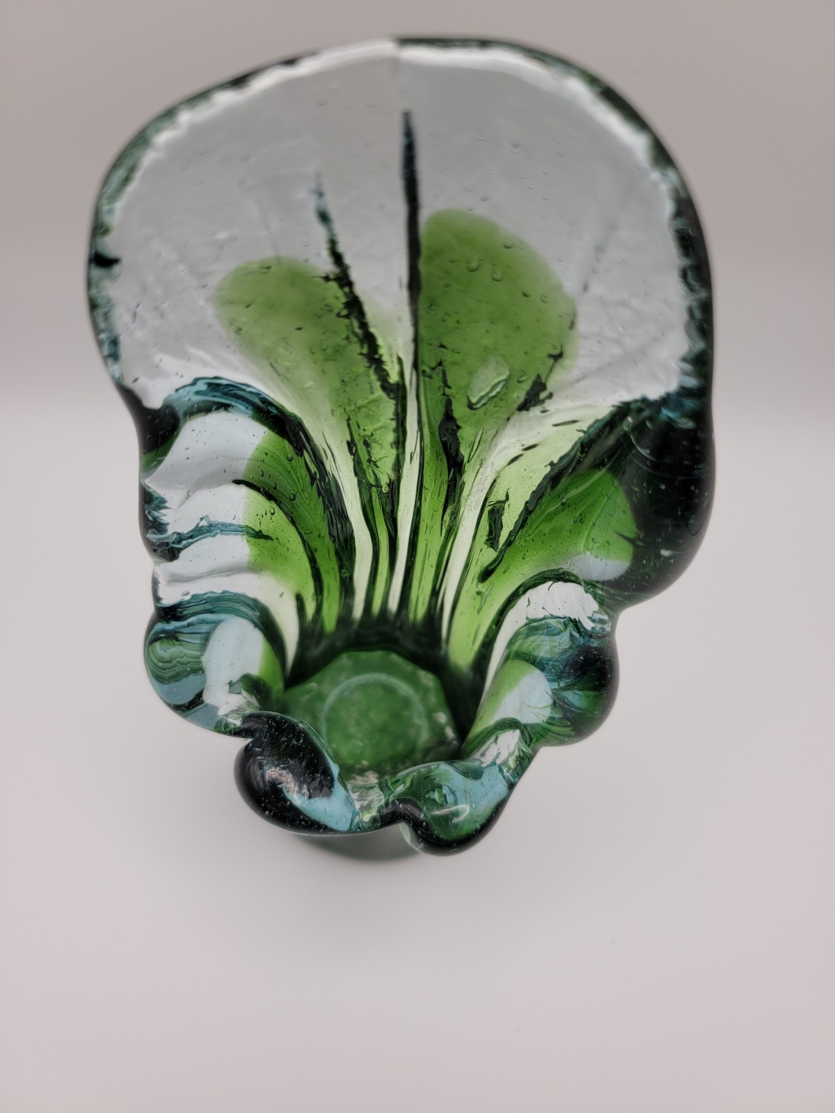 Vintage Swung Glass Vase Bohemian Style Hand Blown Green/Clear 6.5 in. Tall MCM