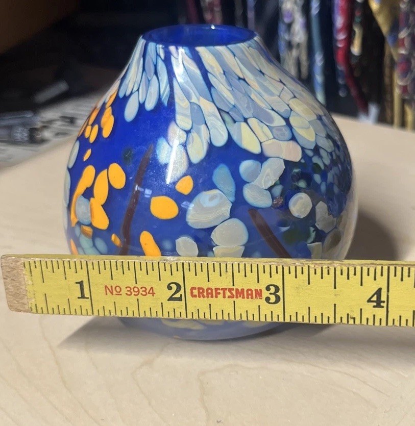 Studio Singed Blown Glass Vase Abstract Splatter Look Design Orange Blue